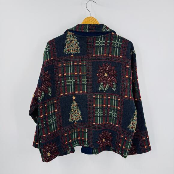 Sugar Street Weavers Tapestry Christmas Jacket Poinsettias Plaid One Size - Picture 2 of 10